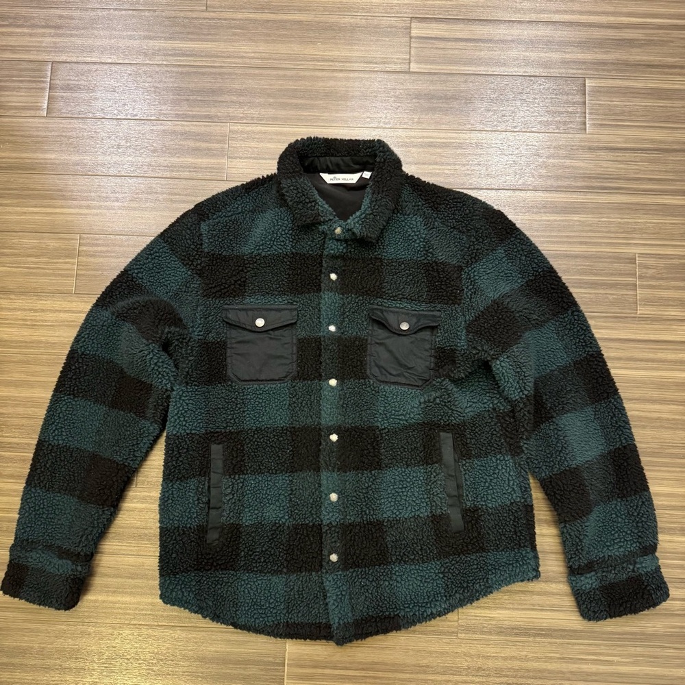 Men's Peter Millar Dark Green Plaid Sherpa Jacket Size Large
